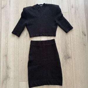 Balmain Black Ribbed Cropped Top and Mini Skirt. Size French 34. Good Condition